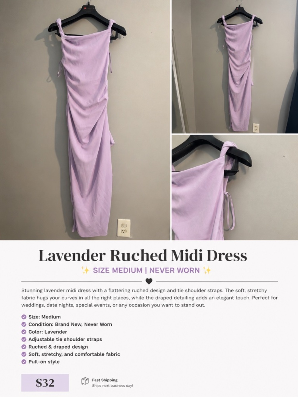 Lavender Ruched Midi Dress | Size Medium | NWT Never Worn